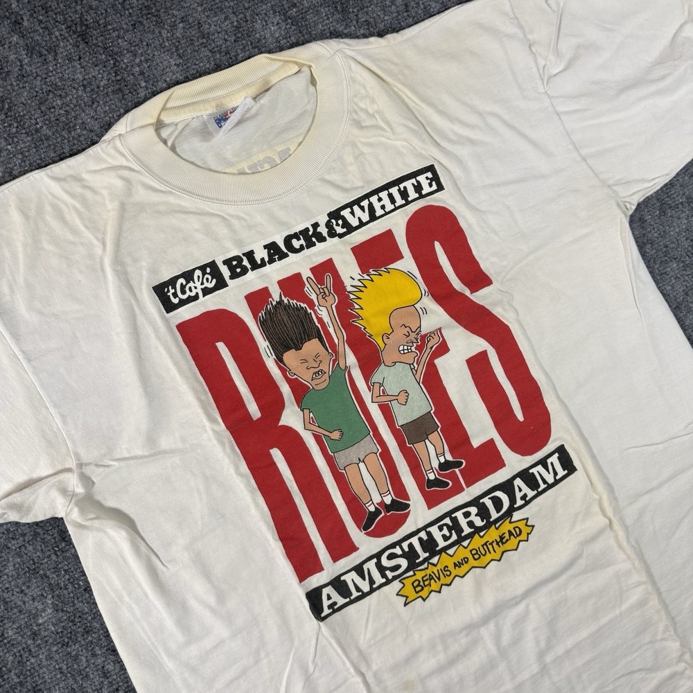 Rare Vintage 90s BEAVIS & BUTTHEAD Amsterdam Rules Graphic Tee Single Stitch XL